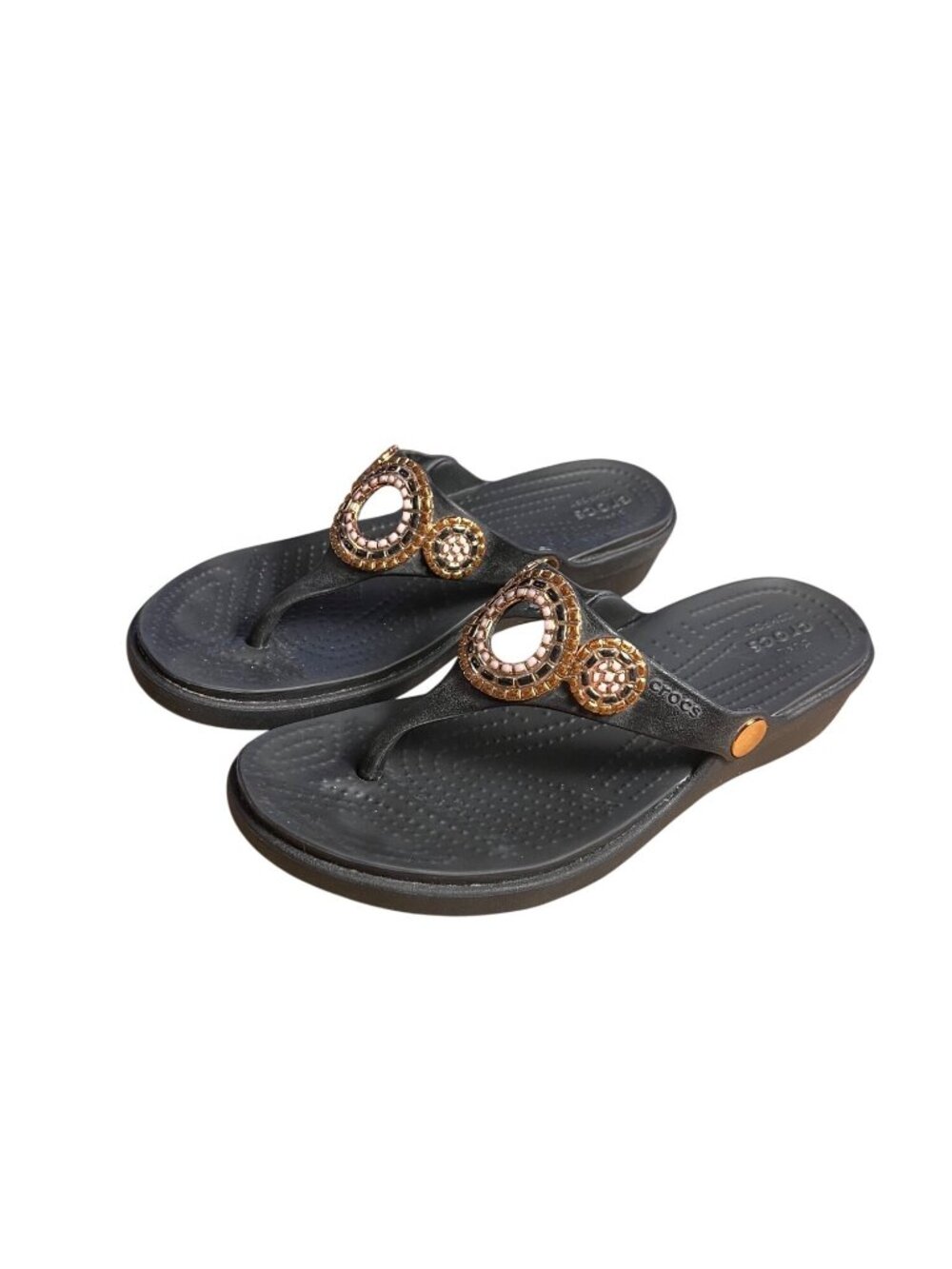 Crocs Womens 8 Sanrah Embellished Wedge Flip-Flops Black Beaded casual comfort